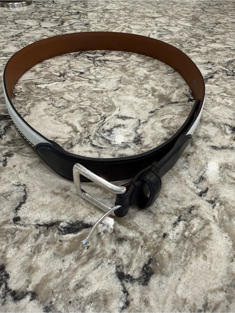 Brighton Two-Tone Leather Belt in Black and Tan with Silver Buckle
